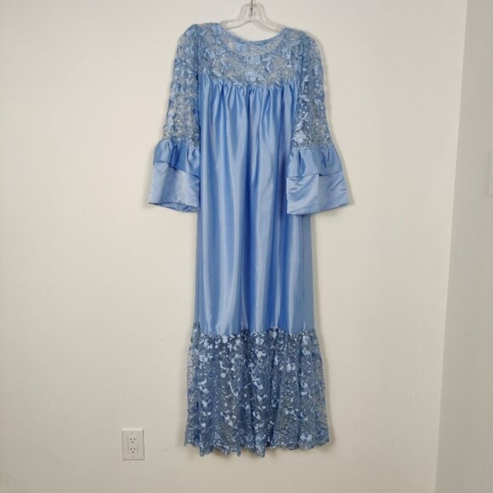 Vintage Women's Blue Satin Night Gown Once Size Lace Bell Sleeve Retro